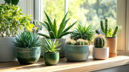 Poster - Green cactus and succulents arranged on a wooden table by the window featuring a soft background perfect for a spring or summer greeting card Houseplants highlighted on the windowsill