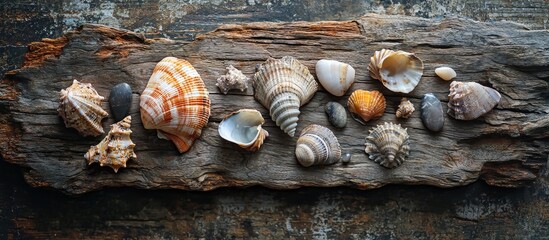 Poster - Seashells And A Bunch Of Sea Stones On A Wooden Board