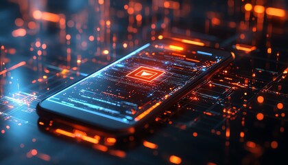 Aufkleber - Digital wireframe background with a smartphone displaying a cybersecurity icon, 3D rendering, contemporary design, vibrant tech visuals