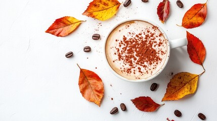Poster - Cappuccino topped with cocoa powder and autumn leaves arranged on a white background in a flat lay perspective