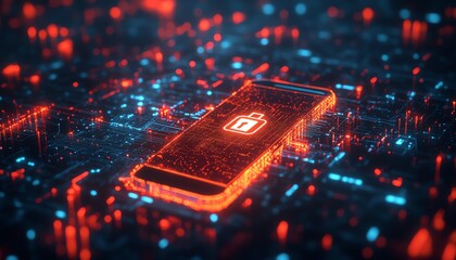 Aufkleber - Digital wireframe background with a smartphone displaying a cybersecurity icon, 3D rendering, contemporary design, vibrant tech visuals