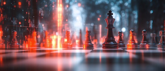 Poster - Glowing candlestick forex chart overlaid on an abstract chessboard with a blurry gray bokeh background, 3D rendering, strategic trading concept, double exposure