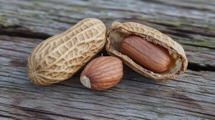 Poster - Peanuts in their shells on a wooden surface