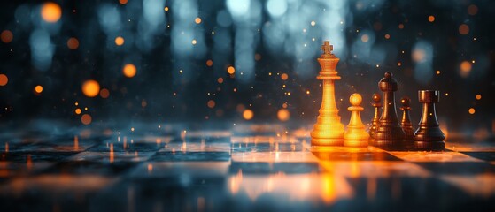 Poster - Glowing candlestick forex chart overlaid on an abstract chessboard with a blurry gray bokeh background, 3D rendering, strategic trading concept, double exposure