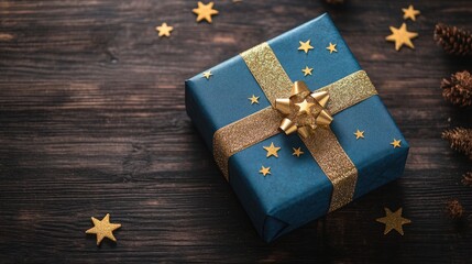 Poster - Elegant blue gift box adorned with a golden ribbon and star on a dark wooden surface Perfect for celebrations Flat lay composition with ample copy space