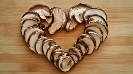 Poster - Sliced shiitake mushrooms arranged in a heart shape on a wooden cutting board