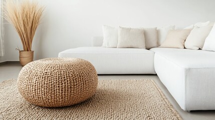 Poster - Wicker and fabric pouf next to a white corner sofa in a minimalist modern living room design