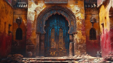 Poster - Dramatic perspective of an ancient Moroccan door with intricate woodwork set against a backdrop of colorful city walls inviting travelers to explore the hidden stories within