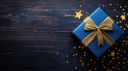 Poster - Elegant blue gift box adorned with a golden ribbon and star on a dark wooden surface Perfect for celebrations Flat lay composition with ample copy space