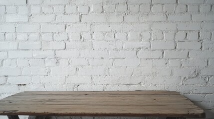 Aufkleber - Wooden table against a backdrop of white bricks