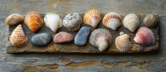 Poster - Seashells And A Bunch Of Sea Stones On A Wooden Board