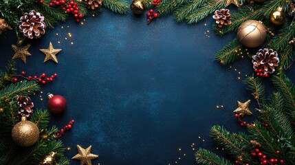 Poster - Dark blue greeting card featuring a Christmas decoration frame designed with ample copy space for text celebrating the festive spirit for the holiday season