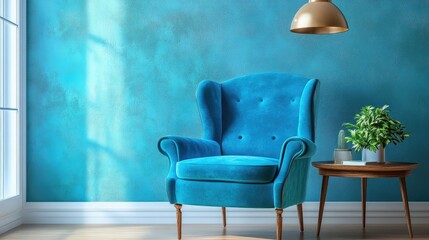 Aufkleber - Bright interior featuring a blue armchair ceiling lamp and side table