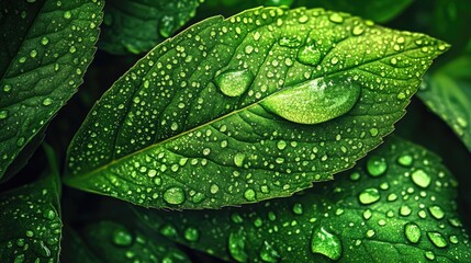 Poster - Lush green leaf adorned with water droplets creating an abstract textured background Ideal for use in designs requiring ample copy space Viewed from below