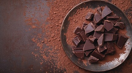 Poster - Broken chocolate pieces and cocoa powder on a metal plate against a brown background featuring ample copy space Dark themed image