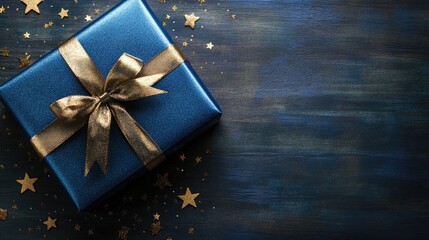 Poster - Elegant blue gift box adorned with a golden ribbon and star on a dark wooden surface Perfect for celebrations Flat lay composition with ample copy space