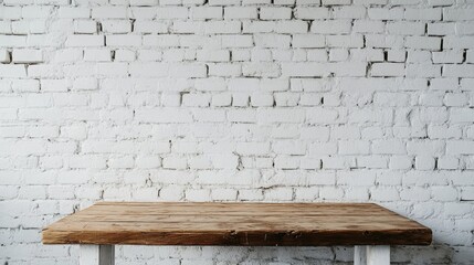 Aufkleber - Wooden table against a backdrop of white bricks