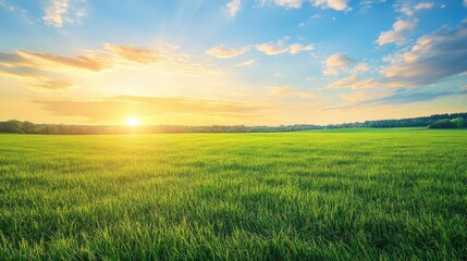 Poster - Tranquil View of Expansive Field Featuring Lush Green Grass and a Beautiful Sunset