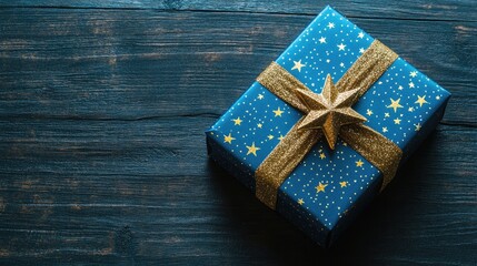 Poster - Elegant blue gift box adorned with a golden ribbon and star on a dark wooden surface Perfect for celebrations Flat lay composition with ample copy space
