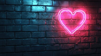 Poster - Heart shaped neon light sparkles against a brick wall at night