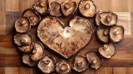 Poster - Sliced shiitake mushrooms arranged in a heart shape on a wooden cutting board