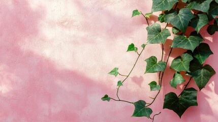 Poster - Natural and architectural elements featuring an ivy vine with green leaves against a textured pink wall with shadows High quality image with ample copy space