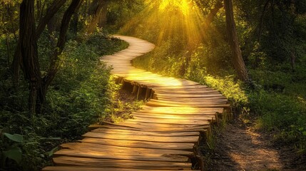 Poster - Sunlit Pathway Made of Wood Winding Through a Lush Forest