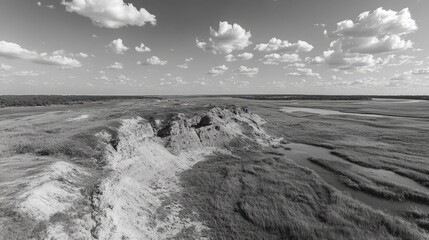 Poster - Black and white drone view of a remote wilderness landscape in the eastern region showcasing natural beauty and vast open spaces