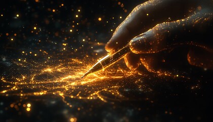 Poster - 3D rendering of a hand grasping a pen, engaging with dynamic digital data visualization against a dark backdrop, AI generative concept, sleek design