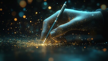 Aufkleber - 3D rendering of a hand grasping a pen, engaging with dynamic digital data visualization against a dark backdrop, AI generative concept, sleek design