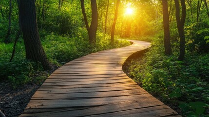 Poster - Sunlit Pathway Made of Wood Winding Through a Lush Forest