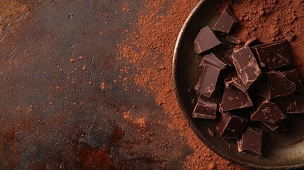 Poster - Broken chocolate pieces and cocoa powder on a metal plate against a brown background featuring ample copy space Dark themed image