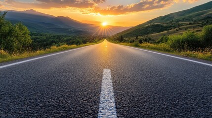 Poster - Asphalt road surface extending towards a stunning mountain range during sunset High quality image