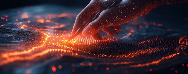 Aufkleber - 3D rendering of a hand using a pen to engage with vivid digital data visuals on a dark backdrop, modern aesthetics, AI generative art