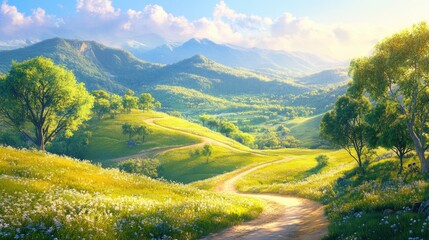 Aufkleber - Vibrant sunny day over lush hills featuring a winding dirt road through picturesque landscapes