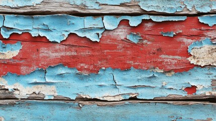 Poster - Weathered wood texture showcasing layers of peeling blue and red paint