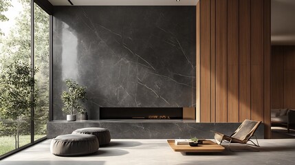Poster - Dramatic wall showcasing tall slim wooden panels paired with bold black marble accents creating a striking contrast that adds depth and dimension to the space