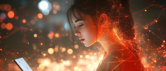 Poster - 3D rendering of a woman focused on a laptop, surrounded by dynamic abstract network connections, AI generative design, contemporary workspace atmosphere