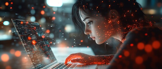 Poster - 3D rendering of a woman focused on a laptop, surrounded by dynamic abstract network connections, AI generative design, contemporary workspace atmosphere