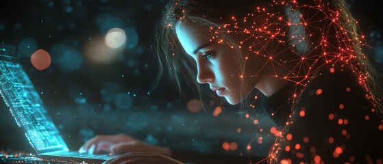 Poster - 3D rendering of a woman focused on a laptop, surrounded by dynamic abstract network connections, AI generative design, contemporary workspace atmosphere