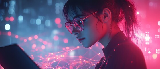 Poster - 3D rendering of a woman using a laptop, with abstract network connections visually intertwining in the background, AI generative design, modern visuals