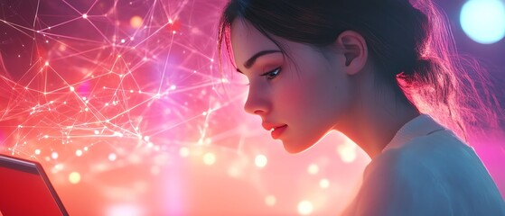 Poster - 3D rendering of a woman using a laptop, with abstract network connections visually intertwining in the background, AI generative design, modern visuals
