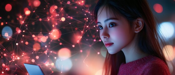Poster - 3D rendering of a woman using a laptop, with abstract network connections visually intertwining in the background, AI generative design, modern visuals