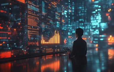 Fototapete - 3D visualization of a businessperson illustrating data through charts and graphs on a blackboard during a presentation, dynamic and professional design
