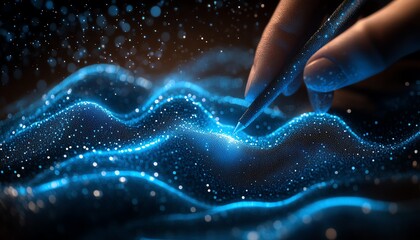 Aufkleber - 3D visualization of a hand holding a pen, interacting with abstract digital data visuals on a dark backdrop, AI generative art, modern design