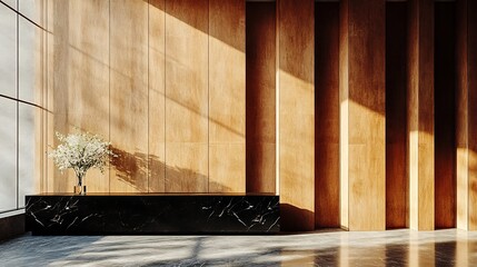Poster - Dramatic wall showcasing tall slim wooden panels paired with bold black marble accents creating a striking contrast that adds depth and dimension to the space