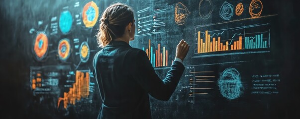 Leinwandbilder - Businessperson drawing charts and graphs on a blackboard during a presentation, 3D rendering, professional setting, engaging visuals, dynamic design