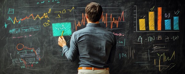 Leinwandbilder - Businessperson drawing charts and graphs on a blackboard during a presentation, 3D rendering, professional setting, engaging visuals, dynamic design