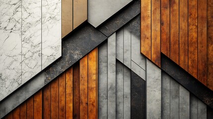 Fototapete - Dynamic visual of a striking wall composition that features alternating wooden panels and marble patterns creating an eyecatching backdrop ideal for modern architecture