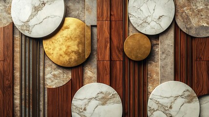 Fototapete - Dynamic visual of a striking wall composition that features alternating wooden panels and marble patterns creating an eyecatching backdrop ideal for modern architecture